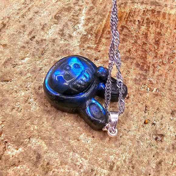 Nature Labradorite Carved Flashy Cute Rabbit Girl Pendant Necklace - Picture 2 of 10